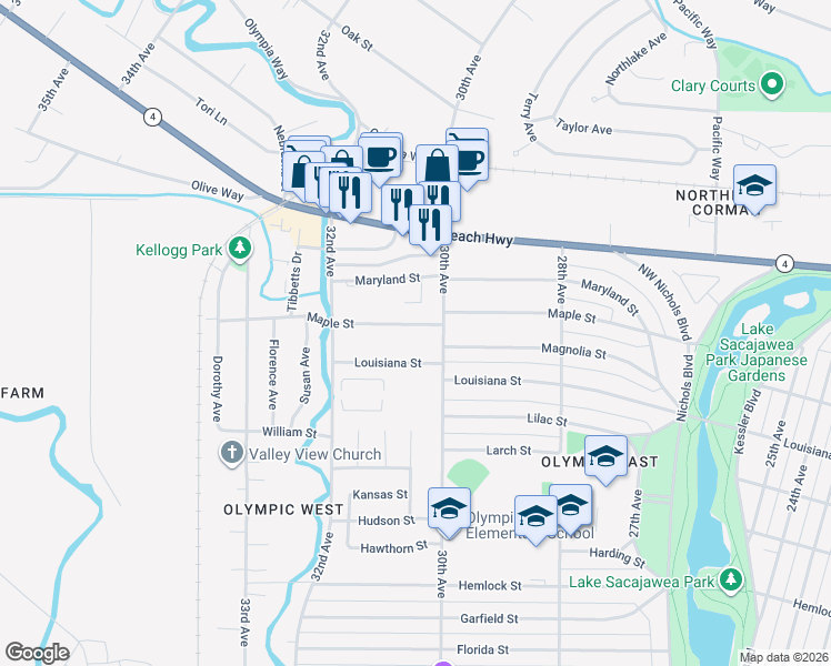 map of restaurants, bars, coffee shops, grocery stores, and more near 3038 Louisiana Street in Longview