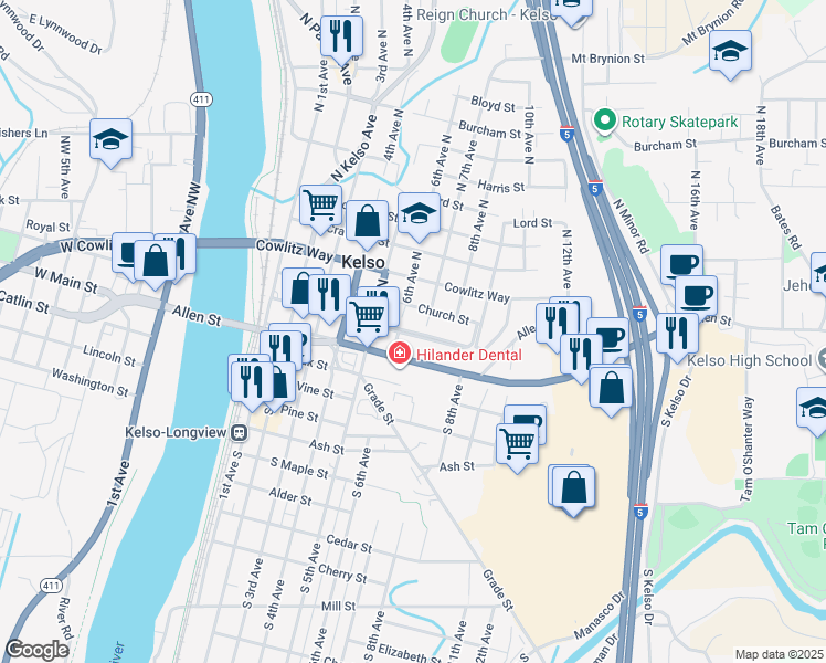 map of restaurants, bars, coffee shops, grocery stores, and more near 102 6th Avenue North in Kelso