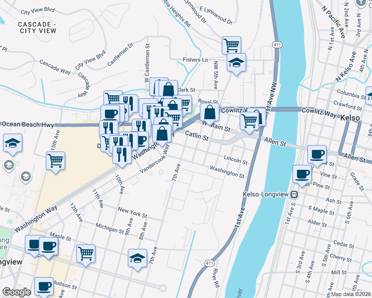 map of restaurants, bars, coffee shops, grocery stores, and more near 305 Southwest 6th Avenue in Kelso