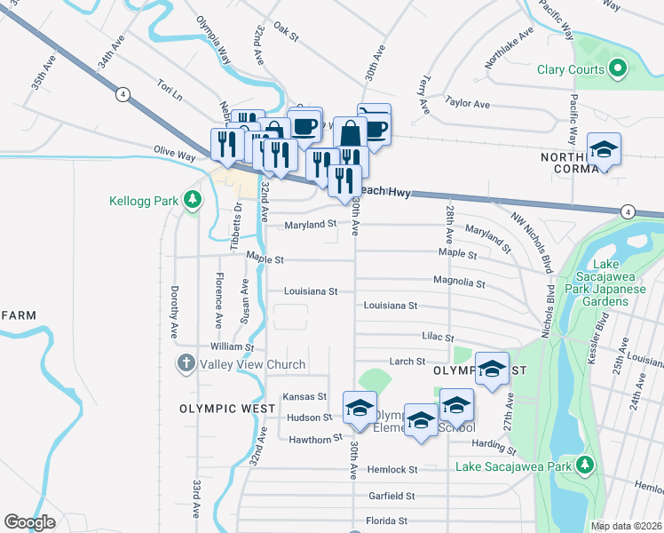 map of restaurants, bars, coffee shops, grocery stores, and more near 3038 Louisiana Street in Longview
