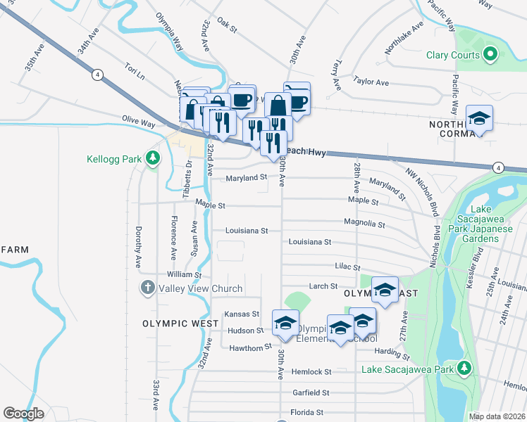 map of restaurants, bars, coffee shops, grocery stores, and more near 3025 Maple Street in Longview
