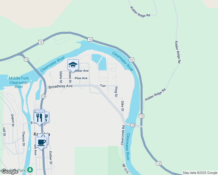 map of restaurants, bars, coffee shops, grocery stores, and more near 618 Business 12 in Kooskia