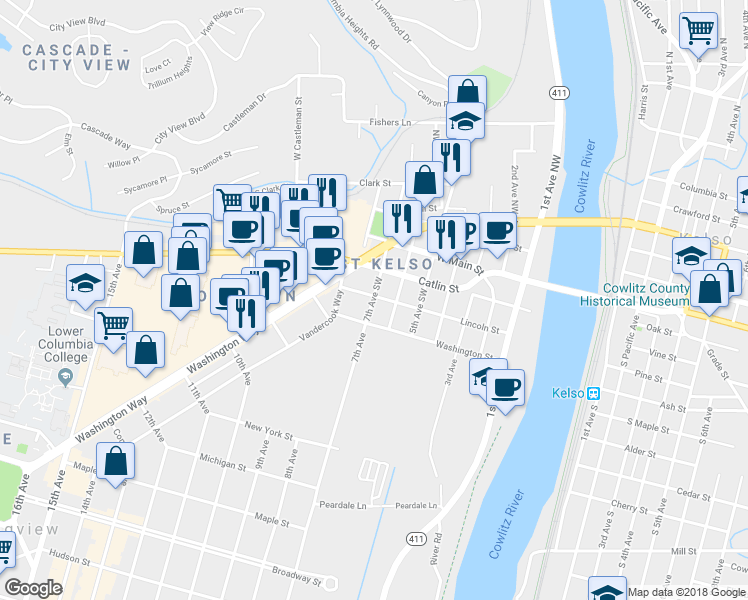 map of restaurants, bars, coffee shops, grocery stores, and more near 310 7th Avenue Southwest in Kelso