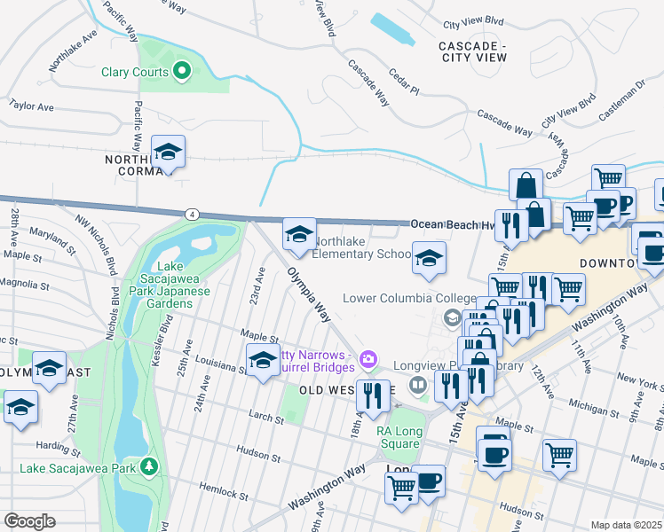 map of restaurants, bars, coffee shops, grocery stores, and more near 2210 Olympia Way in Longview