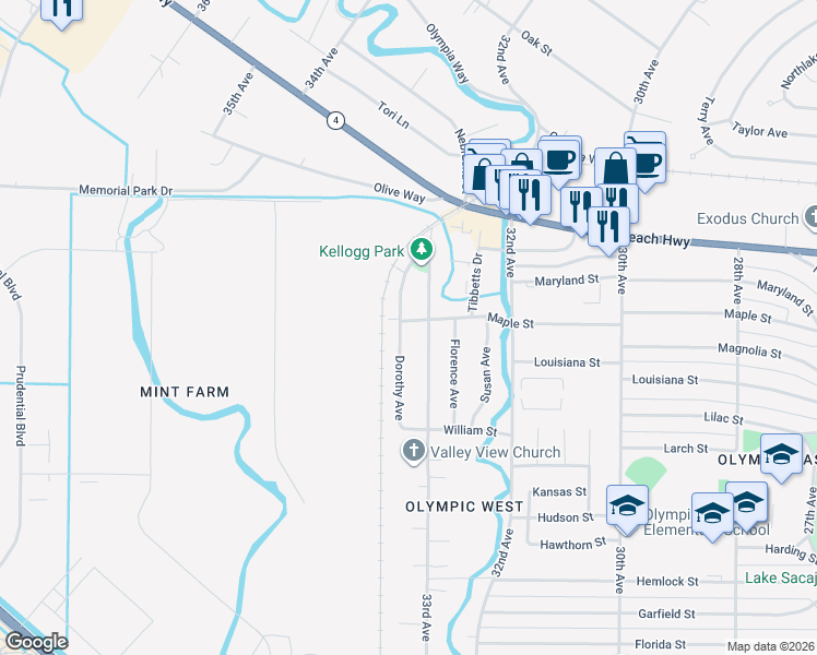 map of restaurants, bars, coffee shops, grocery stores, and more near 3315 Maple Street in Longview