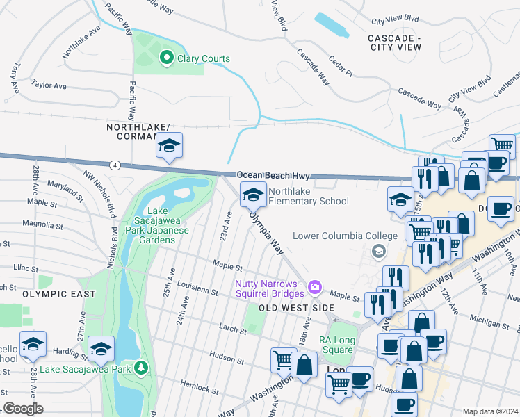 map of restaurants, bars, coffee shops, grocery stores, and more near 2210 Olympia Way in Longview