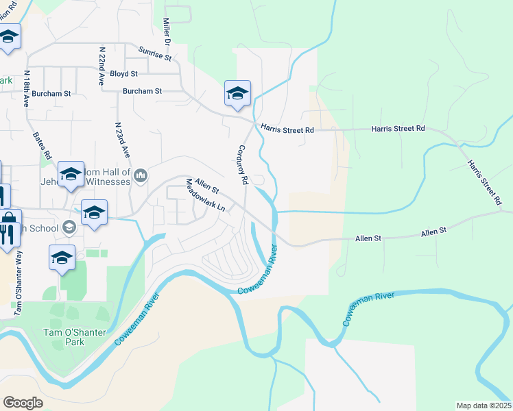 map of restaurants, bars, coffee shops, grocery stores, and more near 2623 Abbotsford Loop in Kelso