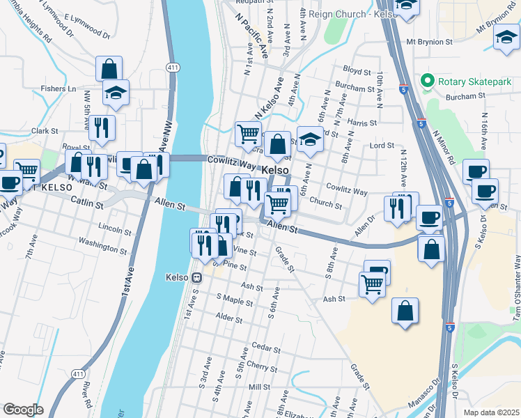 map of restaurants, bars, coffee shops, grocery stores, and more near 312 Allen Street in Kelso