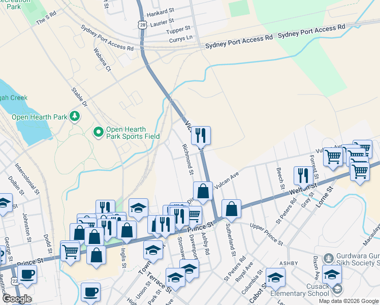 map of restaurants, bars, coffee shops, grocery stores, and more near 125 Victoria Road in Sydney
