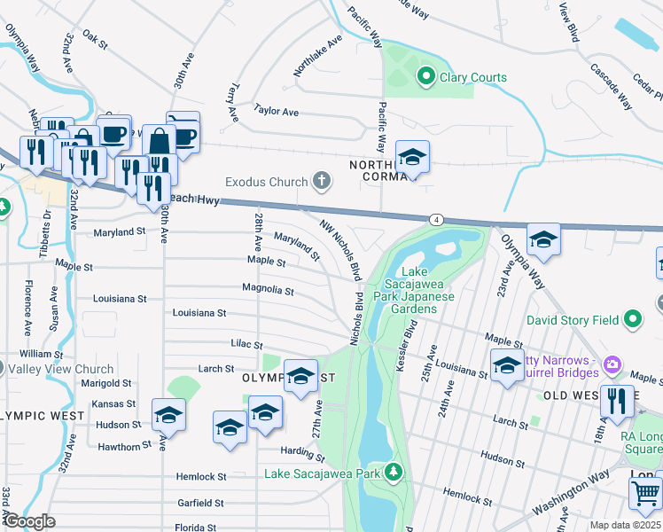 map of restaurants, bars, coffee shops, grocery stores, and more near 2646 Maryland Street in Longview