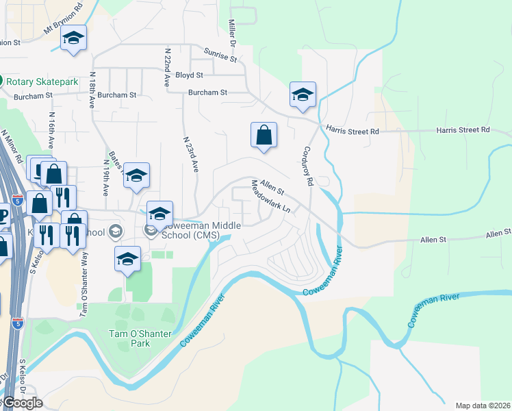 map of restaurants, bars, coffee shops, grocery stores, and more near 2415 Mockingbird Lane in Kelso