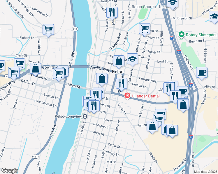 map of restaurants, bars, coffee shops, grocery stores, and more near 304 Academy Street in Kelso