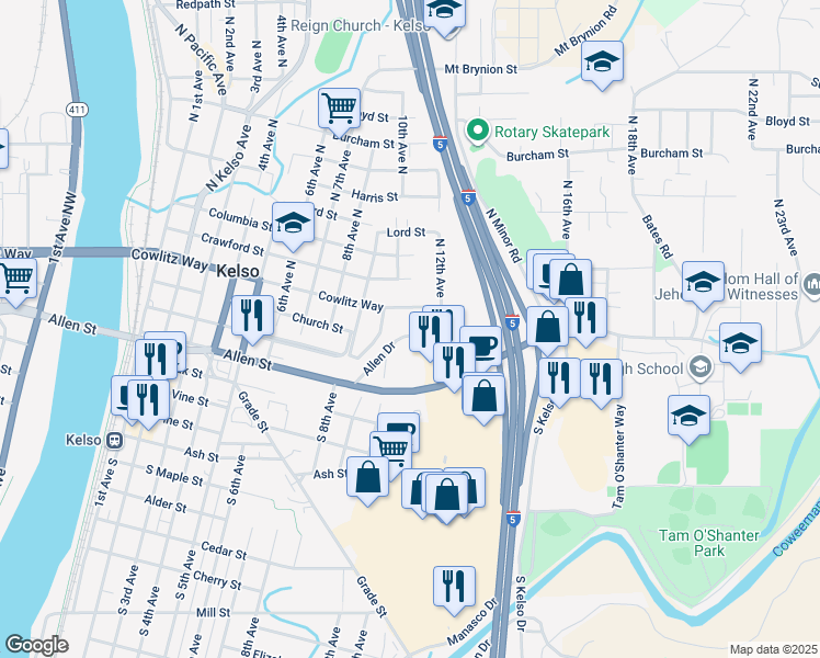 map of restaurants, bars, coffee shops, grocery stores, and more near 1015 Allen Street in Kelso