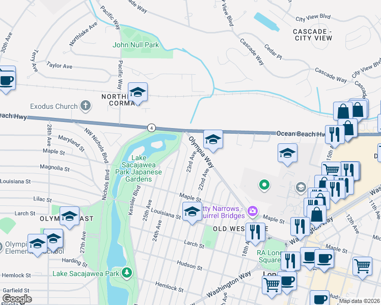 map of restaurants, bars, coffee shops, grocery stores, and more near 1745 23rd Avenue in Longview