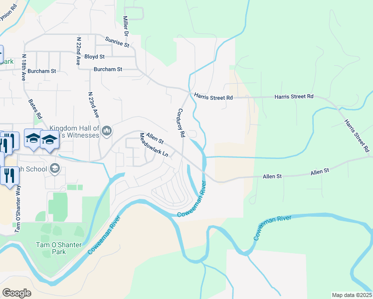 map of restaurants, bars, coffee shops, grocery stores, and more near 110 Corduroy Road in Kelso