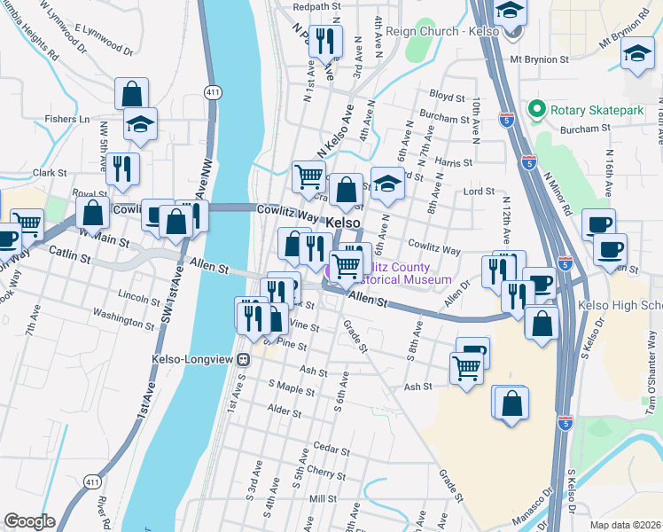 map of restaurants, bars, coffee shops, grocery stores, and more near 300 4th Avenue North in Kelso