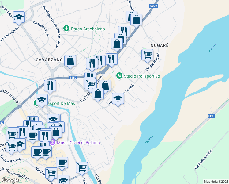 map of restaurants, bars, coffee shops, grocery stores, and more near Via Luigi Corte in Belluno