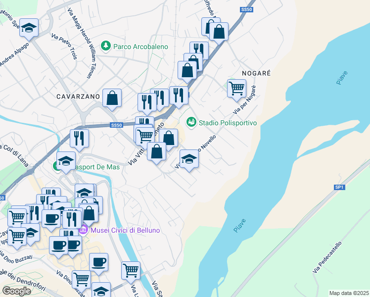 map of restaurants, bars, coffee shops, grocery stores, and more near Via Luigi Corte in Belluno