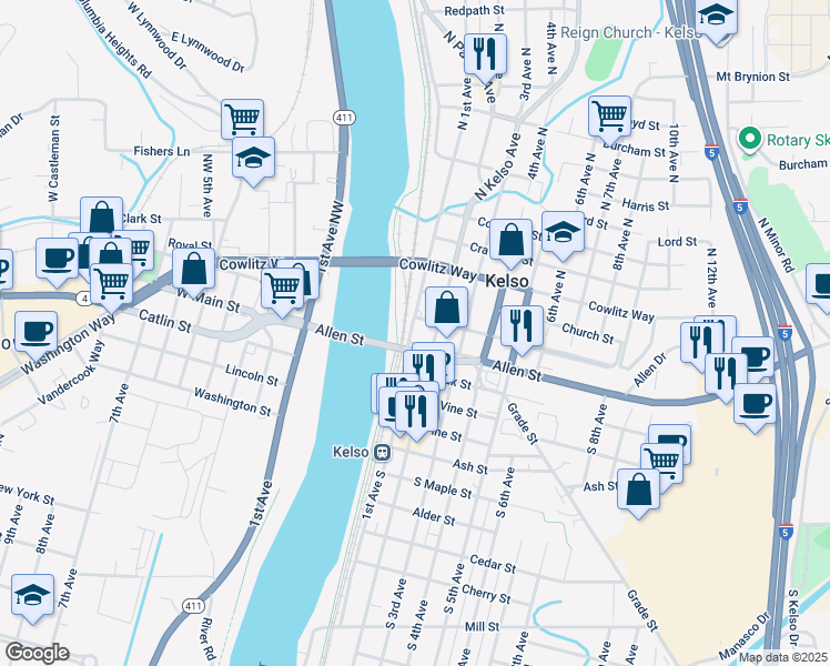 map of restaurants, bars, coffee shops, grocery stores, and more near 101 Academy Street in Kelso