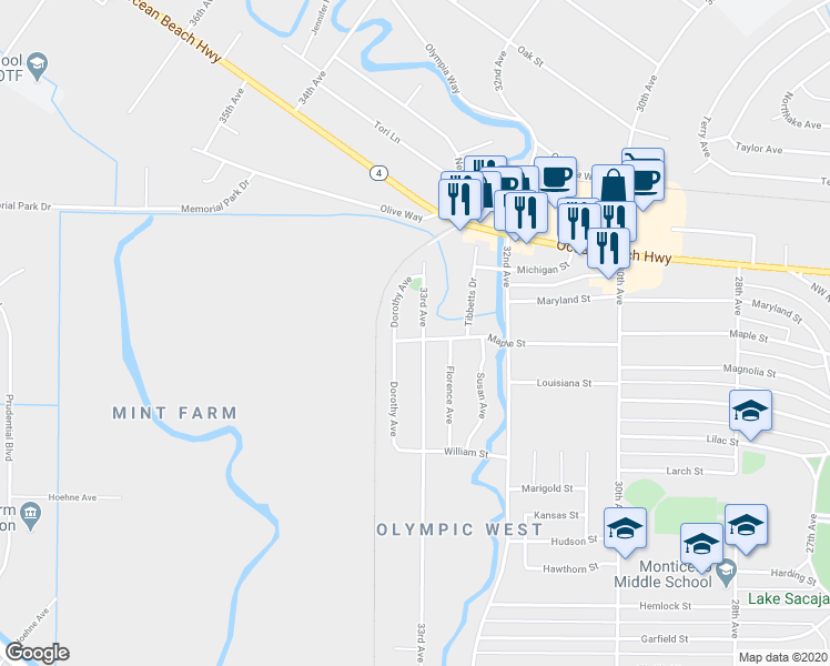 map of restaurants, bars, coffee shops, grocery stores, and more near 1921 33rd Avenue in Longview