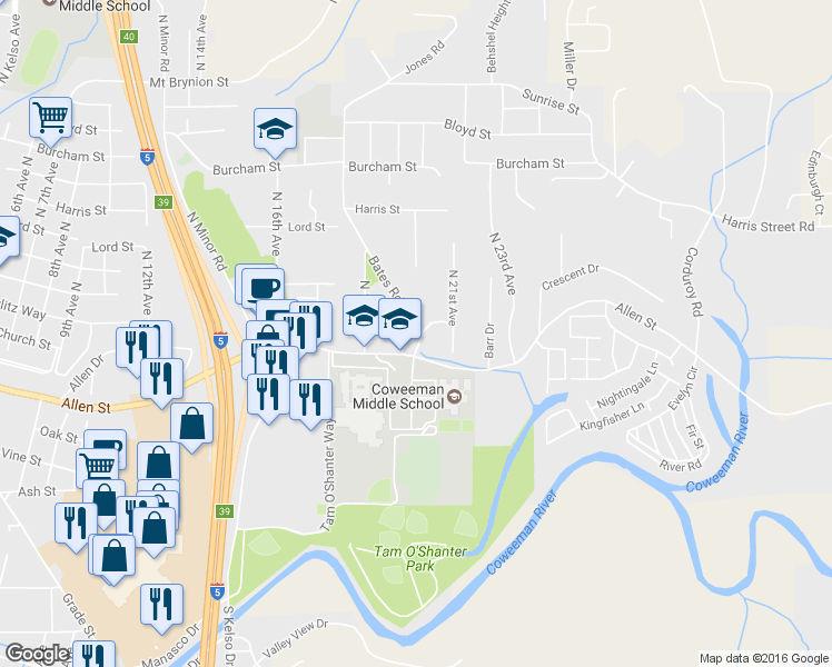 map of restaurants, bars, coffee shops, grocery stores, and more near 2001 Allen Street in Kelso
