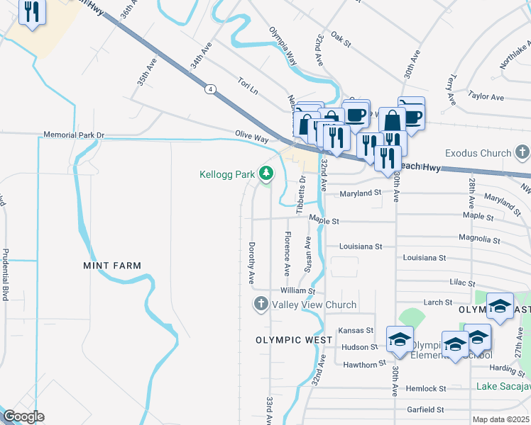 map of restaurants, bars, coffee shops, grocery stores, and more near 1921 33rd Avenue in Longview