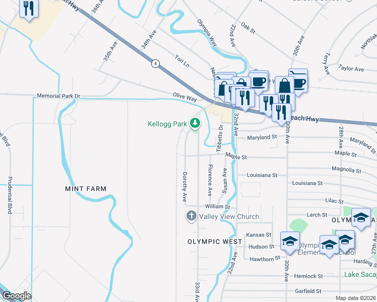 map of restaurants, bars, coffee shops, grocery stores, and more near 1921 33rd Avenue in Longview