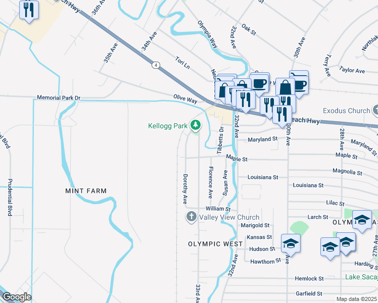 map of restaurants, bars, coffee shops, grocery stores, and more near 1923 33rd Avenue in Longview