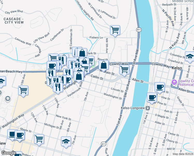 map of restaurants, bars, coffee shops, grocery stores, and more near 607 Catlin Street in Kelso