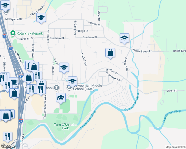 map of restaurants, bars, coffee shops, grocery stores, and more near 422 Peacock Lane in Kelso