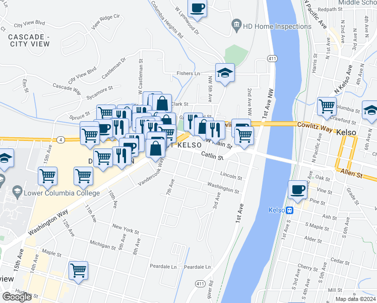 map of restaurants, bars, coffee shops, grocery stores, and more near 602 Catlin Street in Kelso