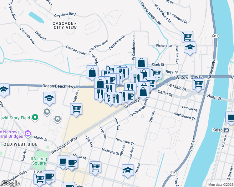 map of restaurants, bars, coffee shops, grocery stores, and more near 837 Ocean Beach Highway in Longview