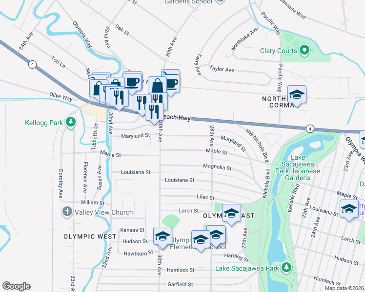 map of restaurants, bars, coffee shops, grocery stores, and more near 2843 Maryland Street in Longview