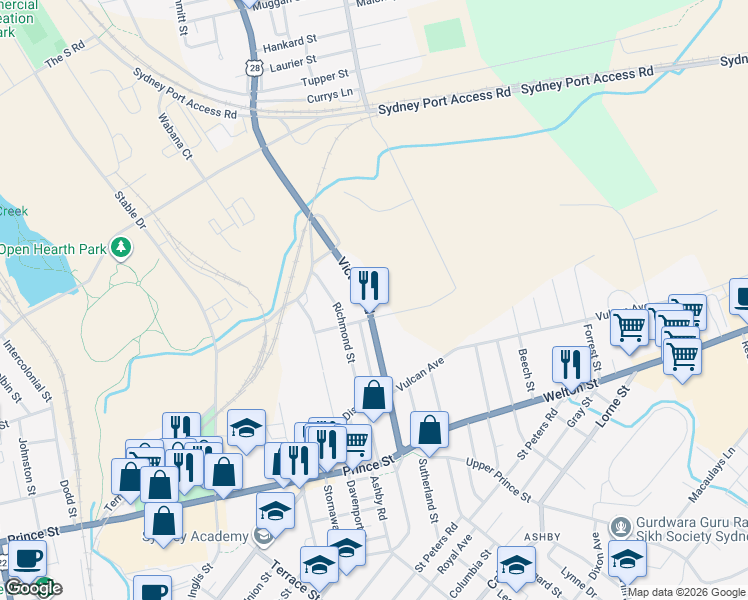 map of restaurants, bars, coffee shops, grocery stores, and more near 166 Victoria Road in Sydney