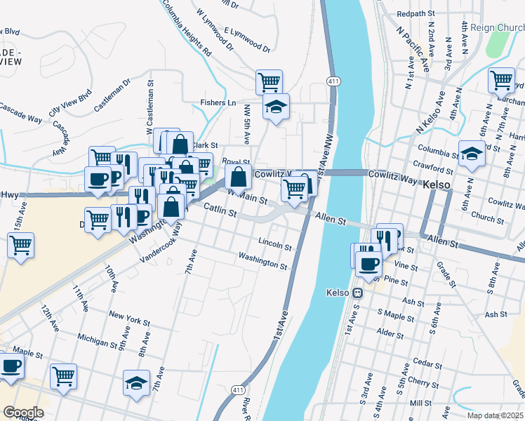 map of restaurants, bars, coffee shops, grocery stores, and more near 104 Southwest 4th Avenue in Kelso