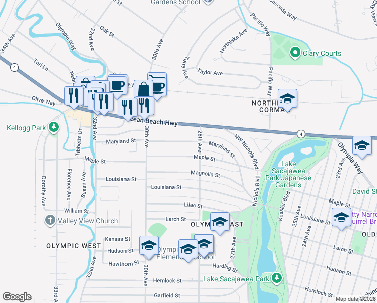 map of restaurants, bars, coffee shops, grocery stores, and more near 2025 28th Avenue in Longview
