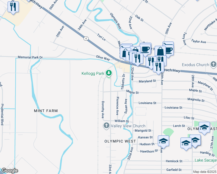 map of restaurants, bars, coffee shops, grocery stores, and more near 1923 33rd Avenue in Longview