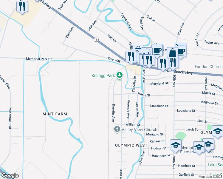 map of restaurants, bars, coffee shops, grocery stores, and more near 2 Dorothy Avenue in Longview