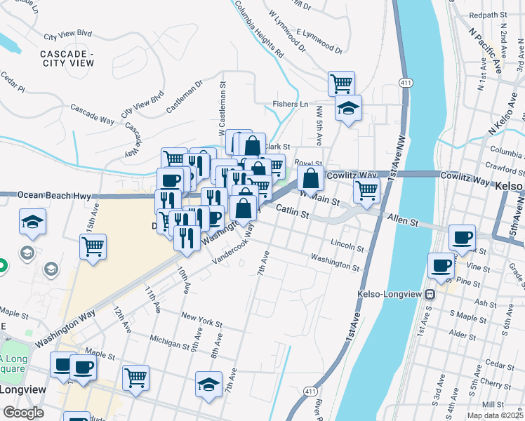 map of restaurants, bars, coffee shops, grocery stores, and more near 712 Ocean Beach Highway in Longview