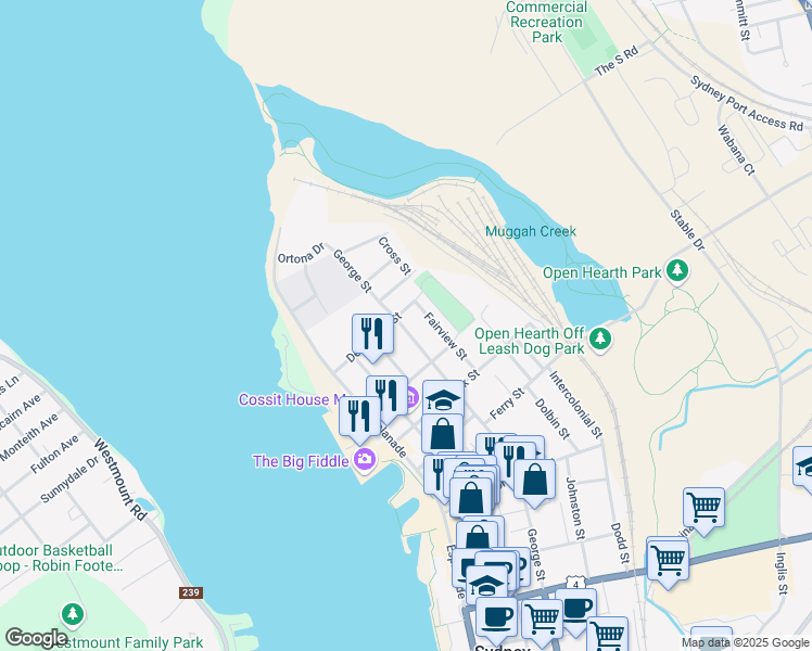 map of restaurants, bars, coffee shops, grocery stores, and more near 67 George Street in Sydney