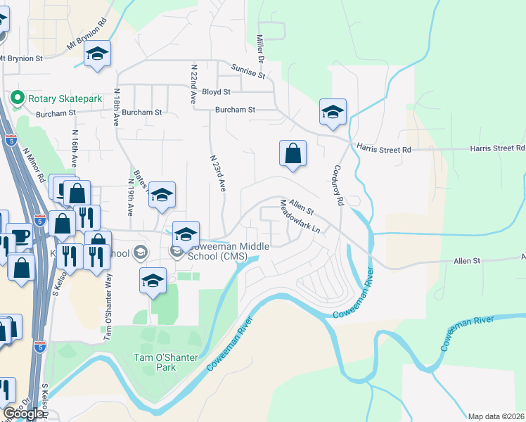 map of restaurants, bars, coffee shops, grocery stores, and more near 422 Peacock Lane in Kelso