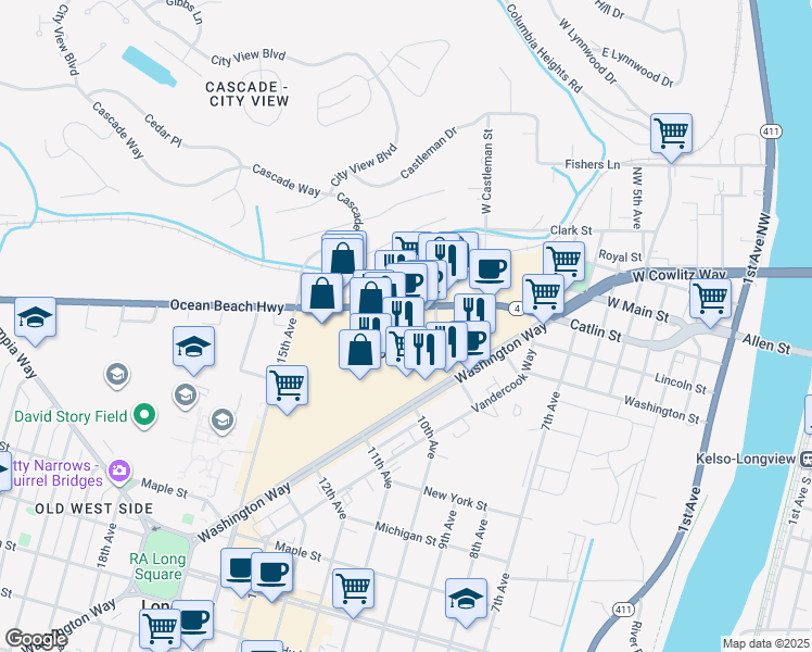 map of restaurants, bars, coffee shops, grocery stores, and more near 2034 10th Avenue in Longview
