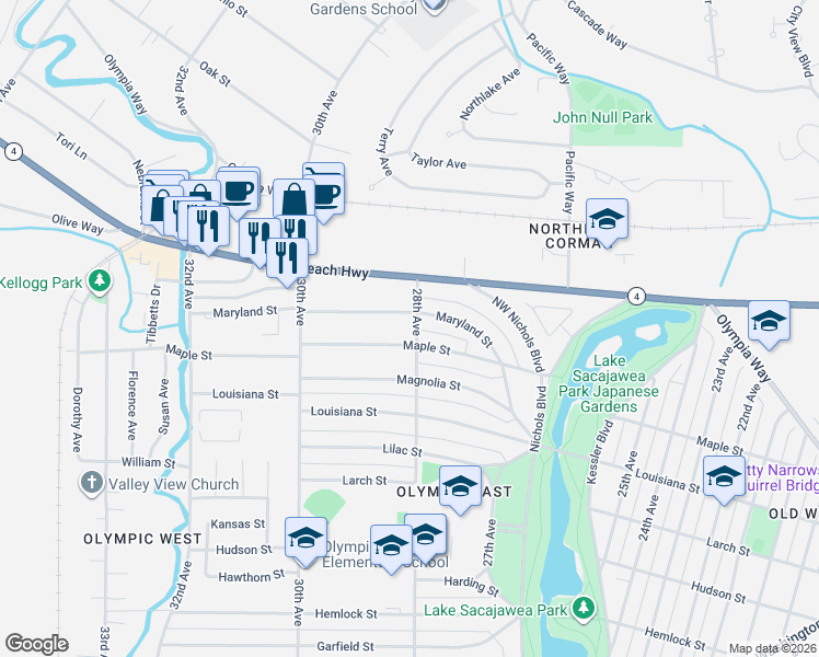 map of restaurants, bars, coffee shops, grocery stores, and more near 2017 28th Avenue in Longview