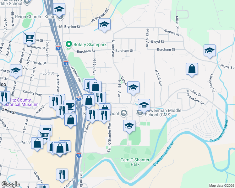 map of restaurants, bars, coffee shops, grocery stores, and more near 311 North 19th Avenue in Kelso