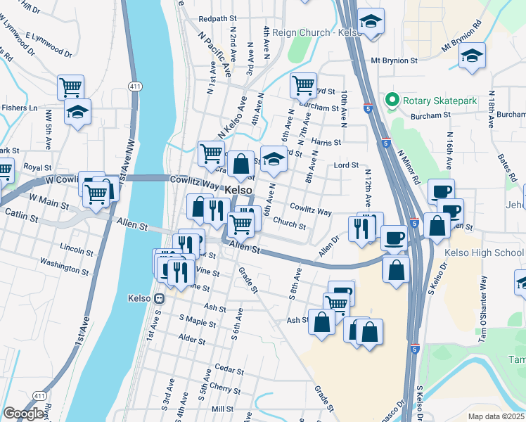 map of restaurants, bars, coffee shops, grocery stores, and more near 505 Church St in Kelso