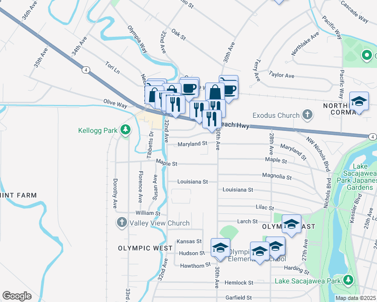 map of restaurants, bars, coffee shops, grocery stores, and more near 3045 Maryland Street in Longview