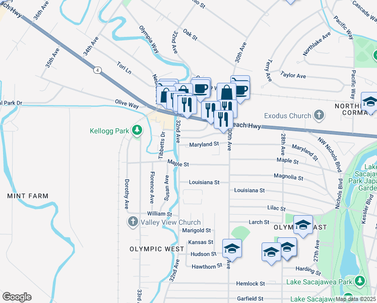 map of restaurants, bars, coffee shops, grocery stores, and more near 3133 Maryland Street in Longview