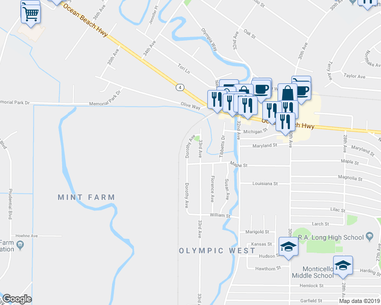 map of restaurants, bars, coffee shops, grocery stores, and more near 1923 33rd Avenue in Longview