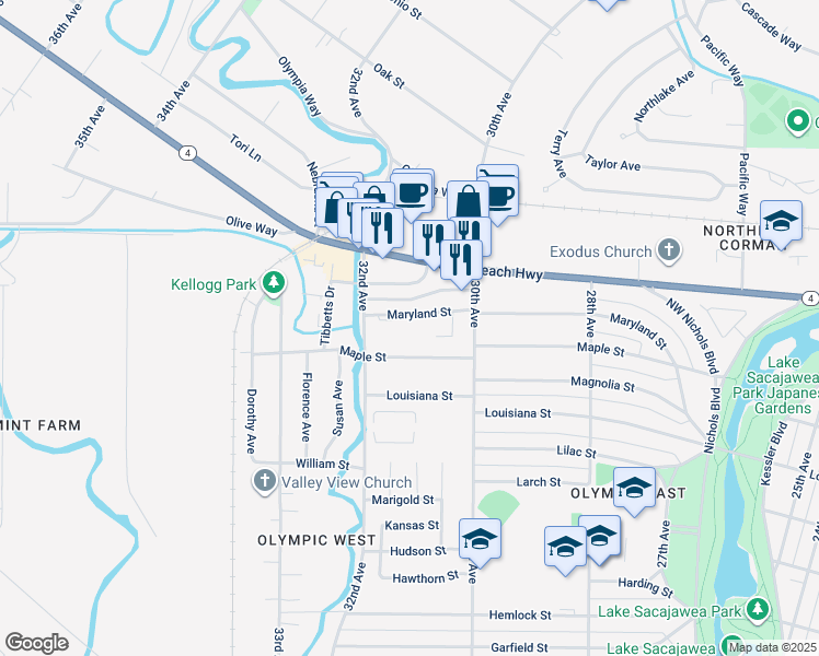 map of restaurants, bars, coffee shops, grocery stores, and more near 3045 Maryland Street in Longview