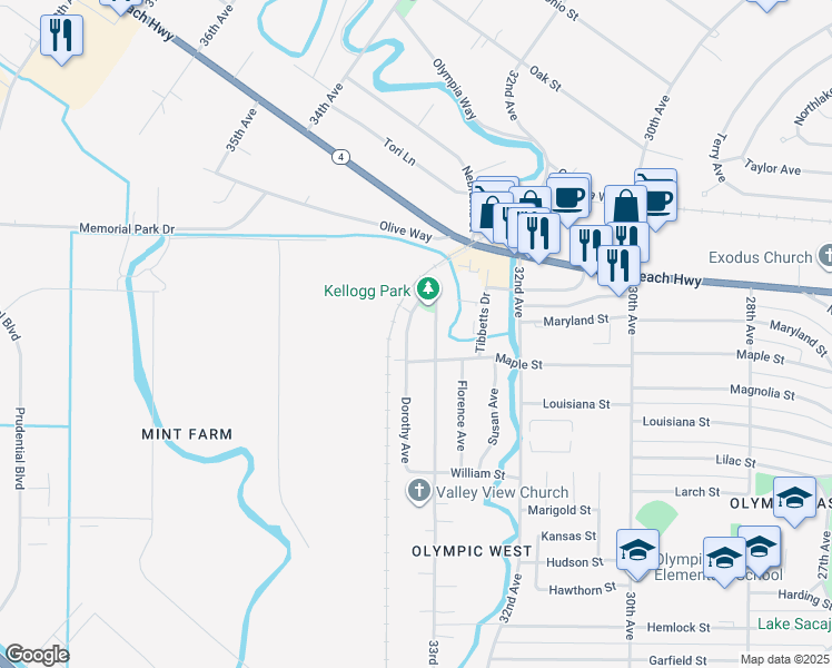 map of restaurants, bars, coffee shops, grocery stores, and more near 1924 Dorothy Avenue in Longview